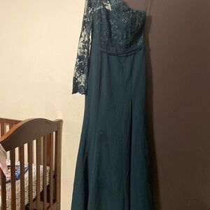 COPY - One sleeve emerald green dress with slit